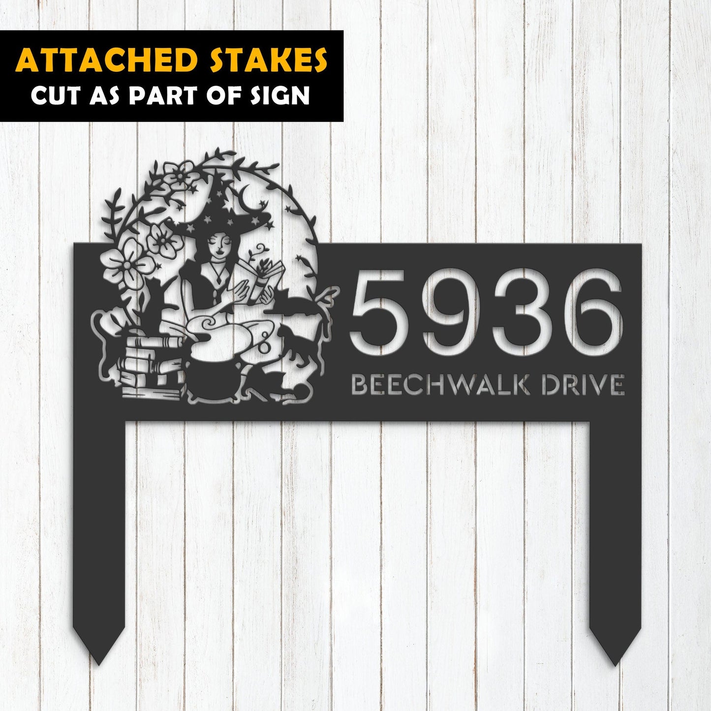 Personalized Witch and black cat halloween Metal Address Sign House number Hanging Address Plaque Yard Sign Outdoor Sign Garden Stake