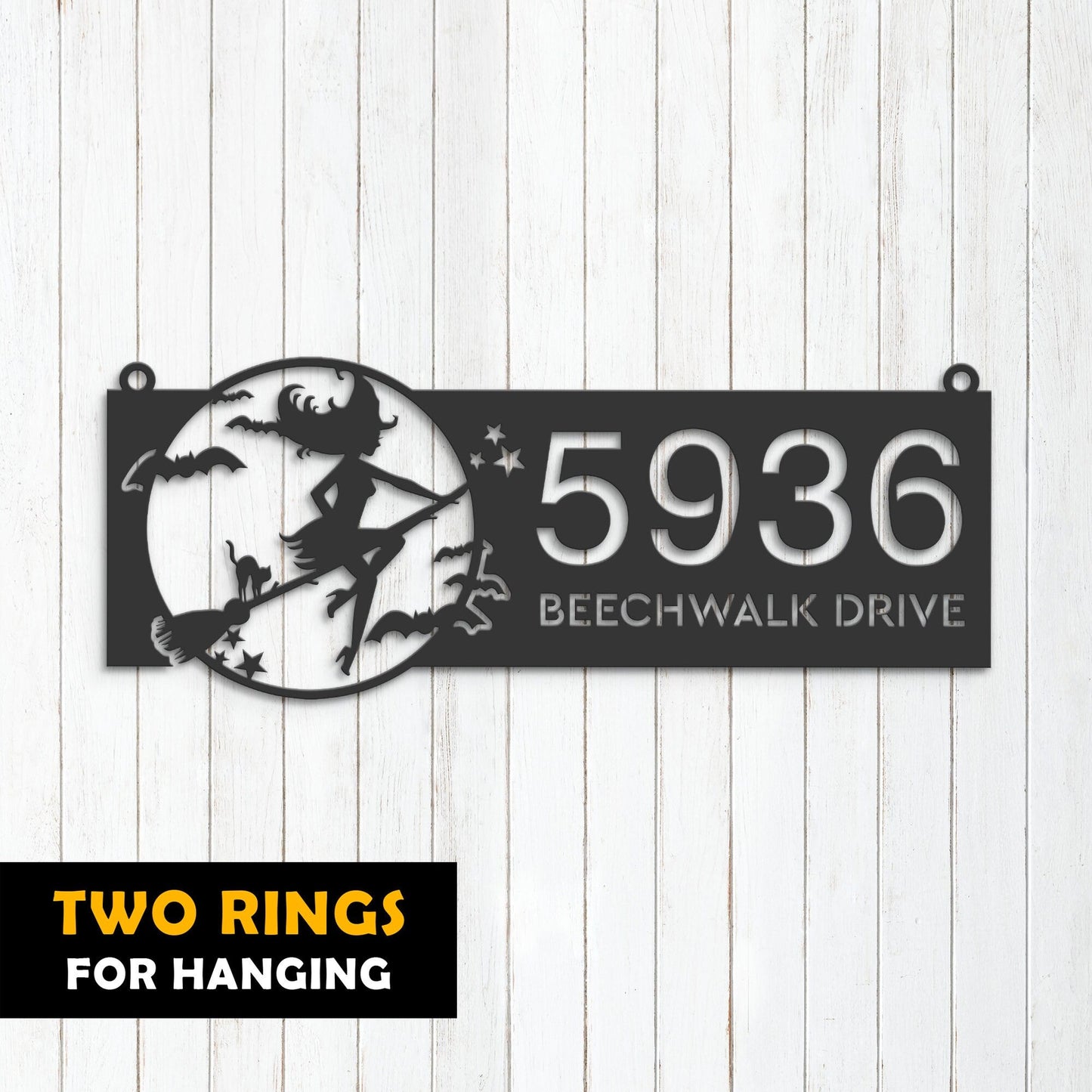 Personalized Witch and black cat flying halloween Metal Address Sign House number Hanging Address Plaque Yard Outdoor Sign Garden Stake