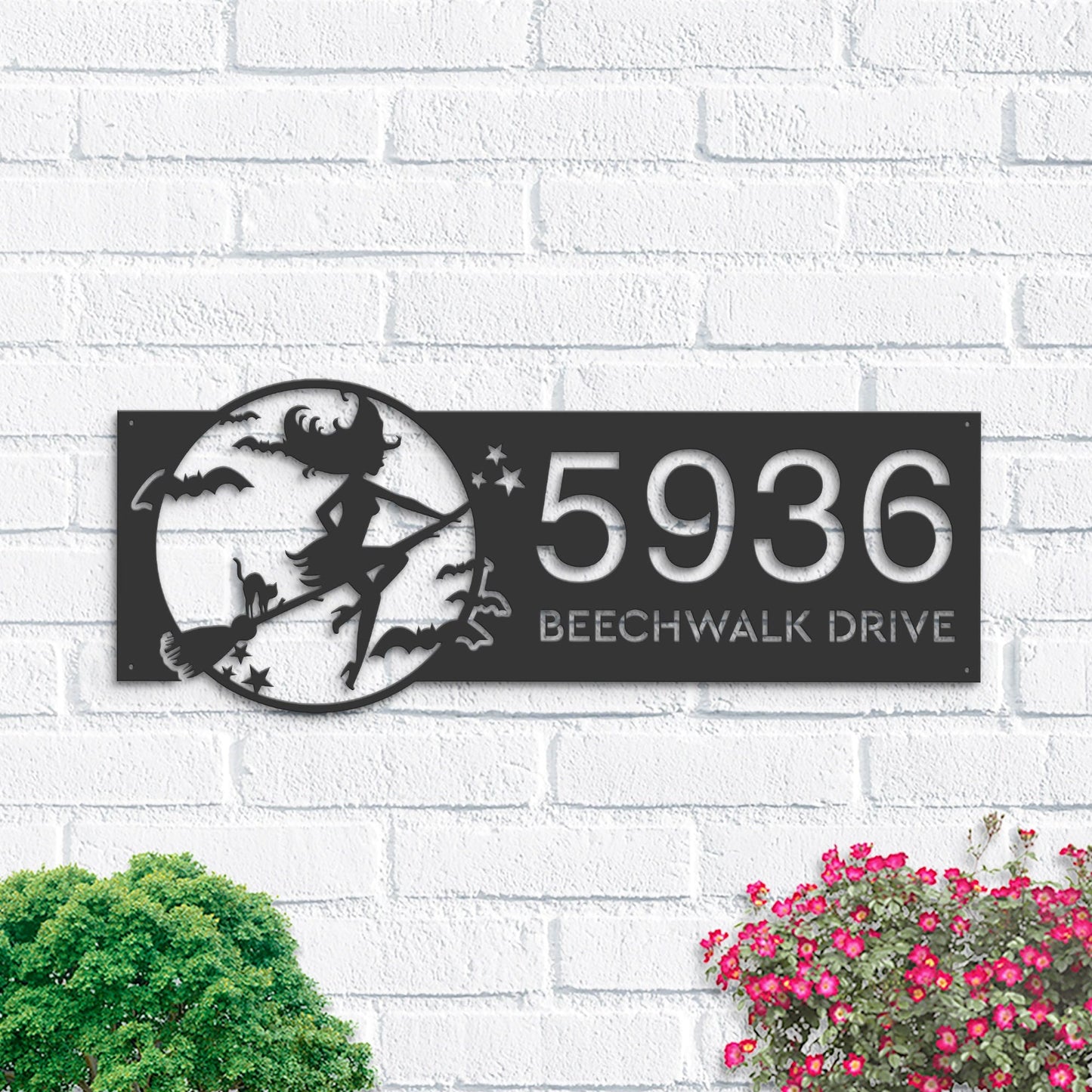 Personalized Witch and black cat flying halloween Metal Address Sign House number Hanging Address Plaque Yard Outdoor Sign Garden Stake