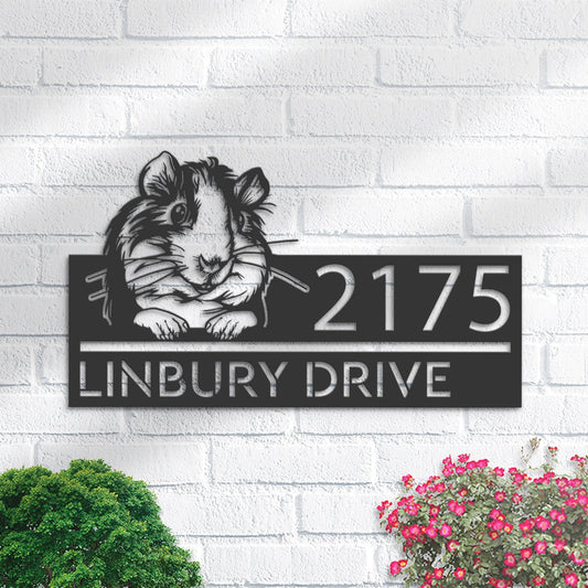 Personalized Peeking Guinea Pig Metal Address Sign With LED lights House number Hanging Address Plaque Yard Sign Outdoor Garden Stake