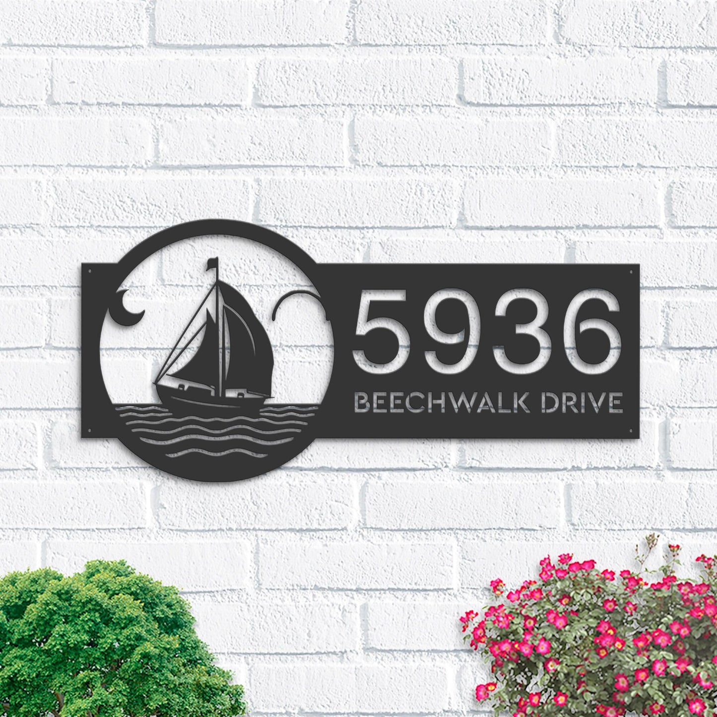 Personalized Sailboat Metal Address Sign Custom House number Hanging Address Plaque Yard Sign, Outdoor Garden Stake