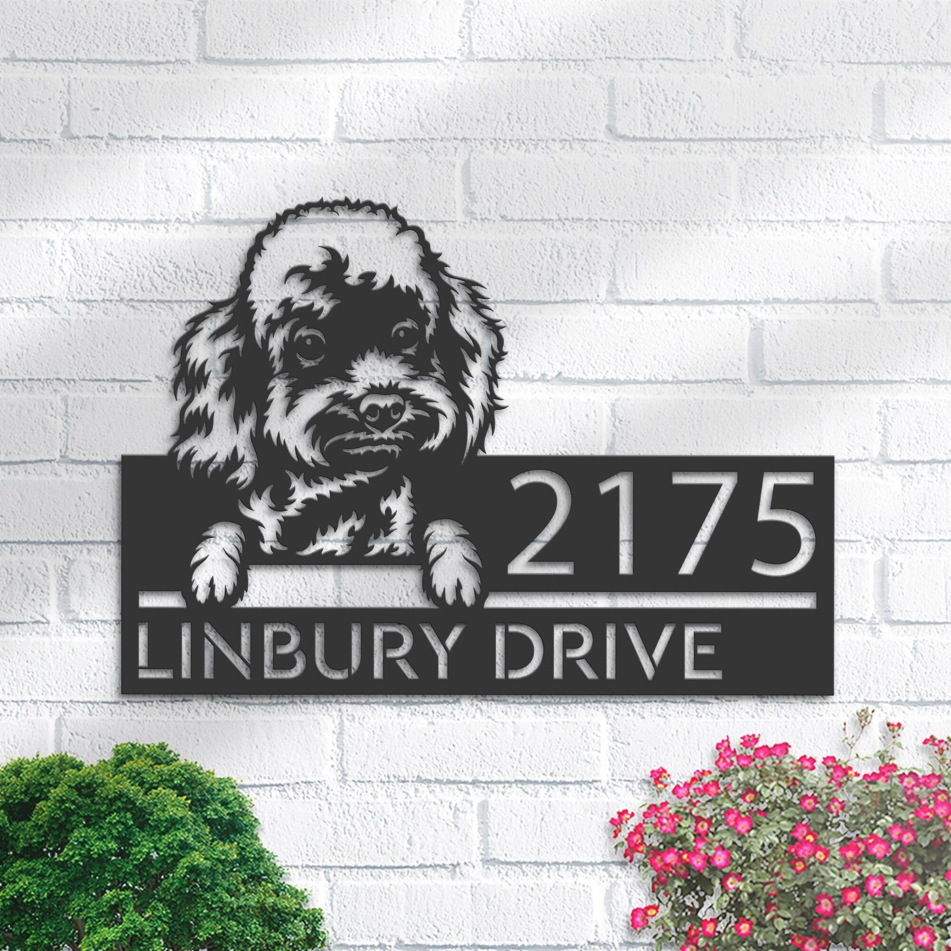 Personalized Poodle dog, Puppy Metal Address Sign House number Hanging Address Plaque Yard Sign Outdoor decor Garden Stake