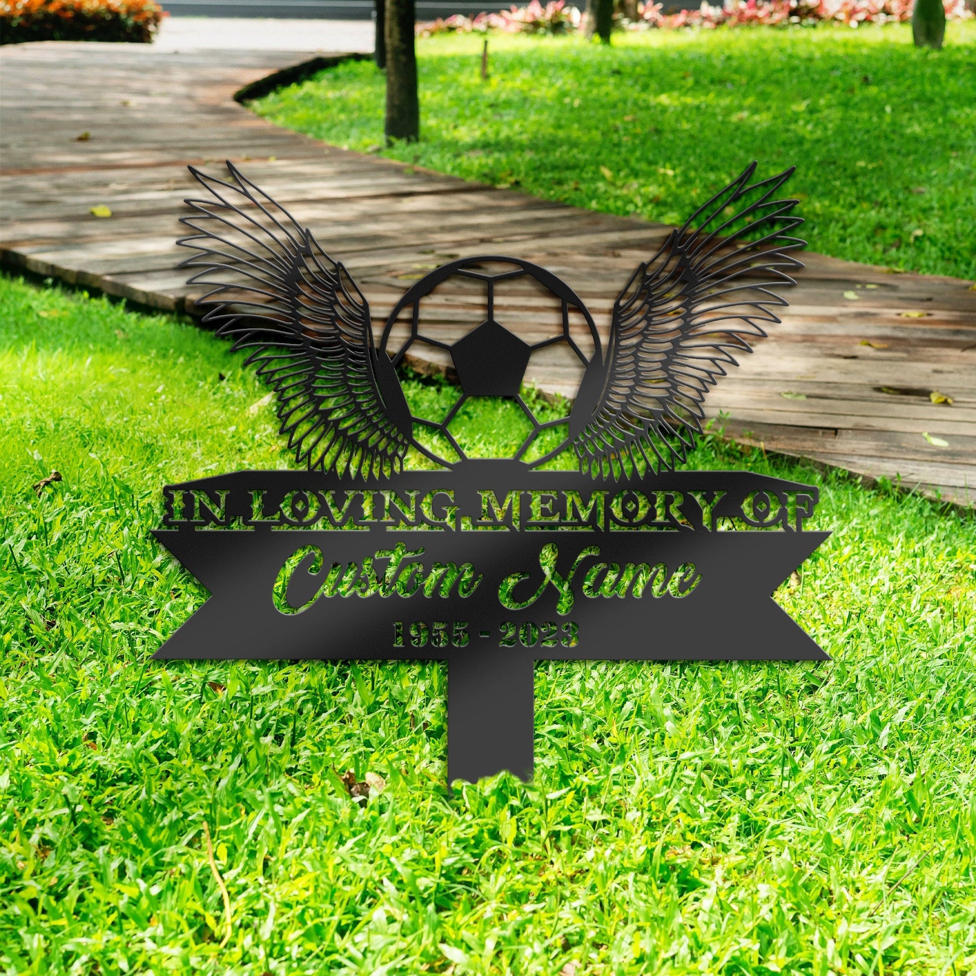 Personalized Soccer ball football angel wings Memorial Stake, Metal Stake, Sympathy Sign, Grave Marker, Remembrance Stake