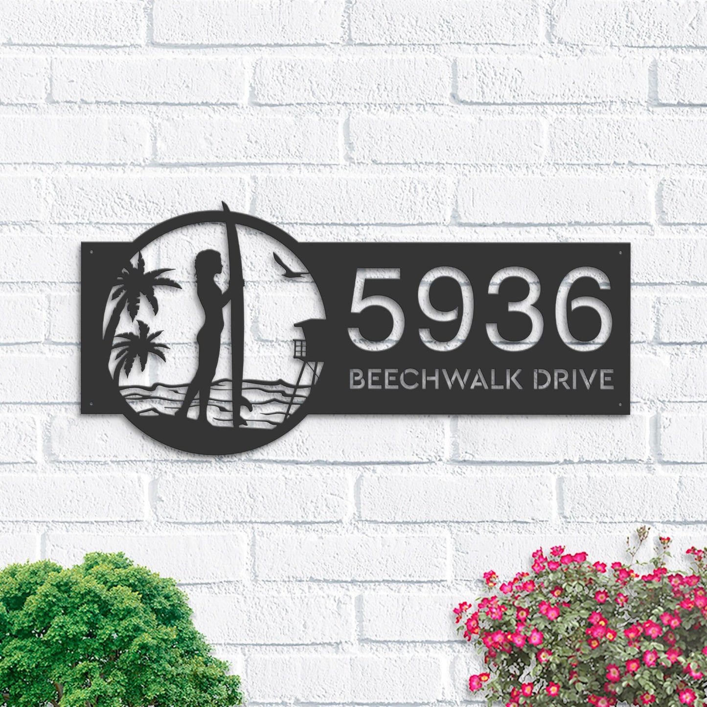 Personalized Longboard Female Surfer Metal Address Sign House number Hanging Address Plaque Yard Sign Outdoor Sign Garden Stake