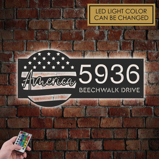 Personalized America US flag Metal Address Sign With LED lights House number Hanging Address Plaque Yard Sign Outdoor Garden Stake