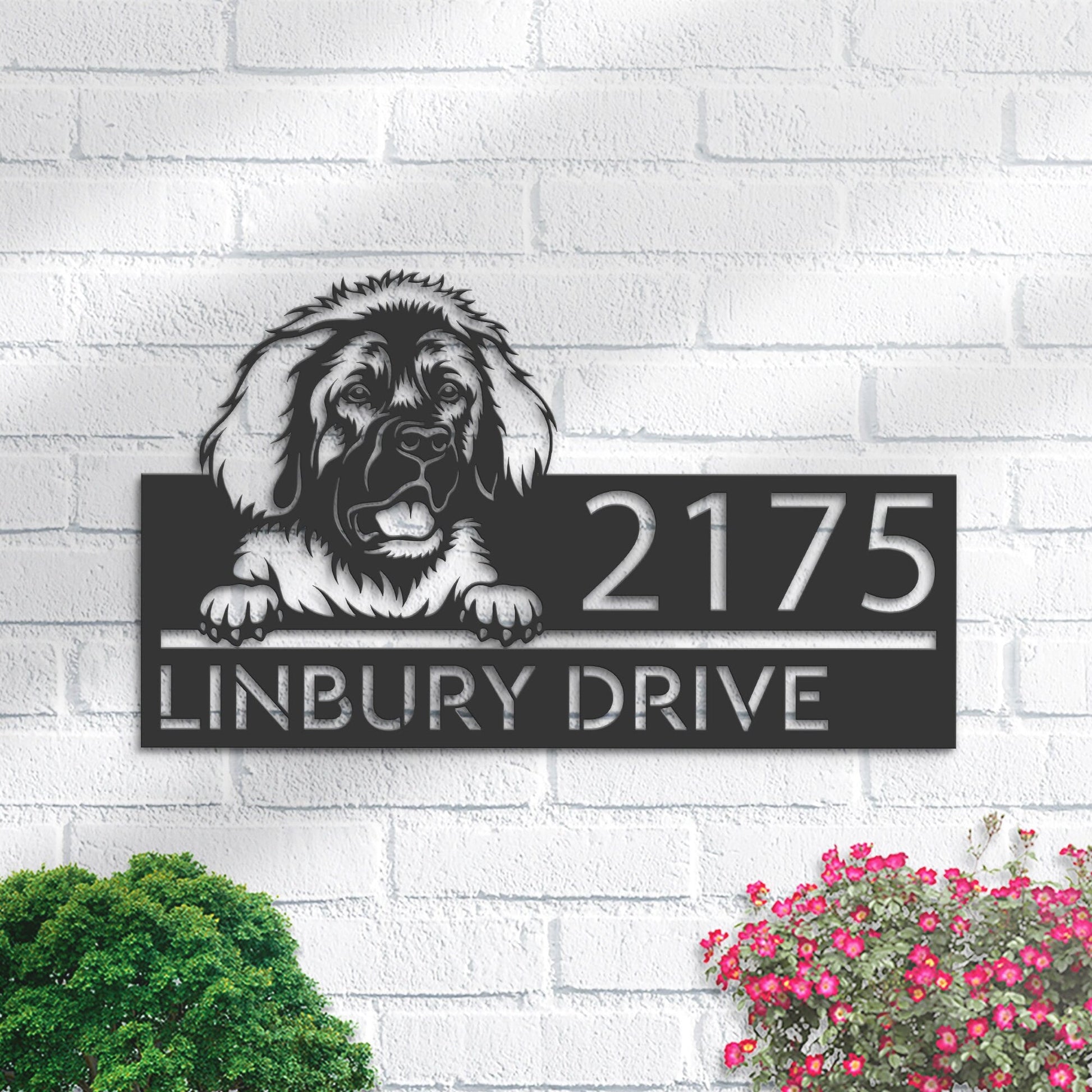 Personalized Leonberger dog, Puppy Metal Address Sign House number Hanging Address Plaque Yard Sign Outdoor decor Garden Stake