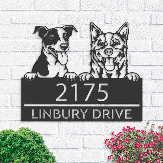 Personalized Red heeler and Jack russel terrier Metal Address Sign House Number, Hanging Address Plaque Yard Sign, Outdoor Sign Garden Stake