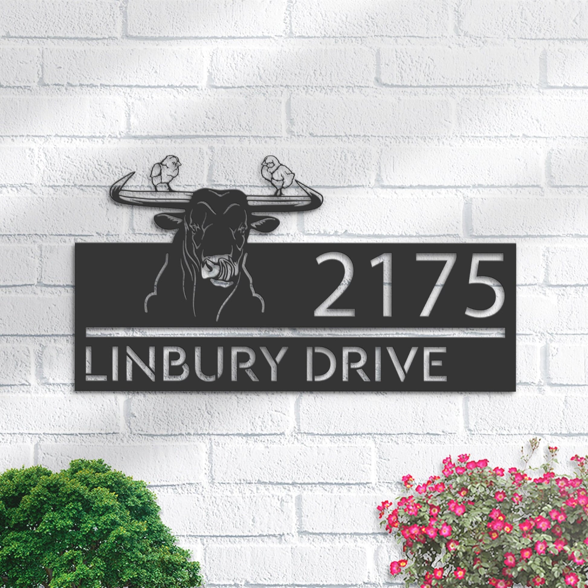 Personalized A bull and two chickens Metal Address Sign With LED lights House number Hanging Address Plaque Yard Sign Outdoor Garden Stake