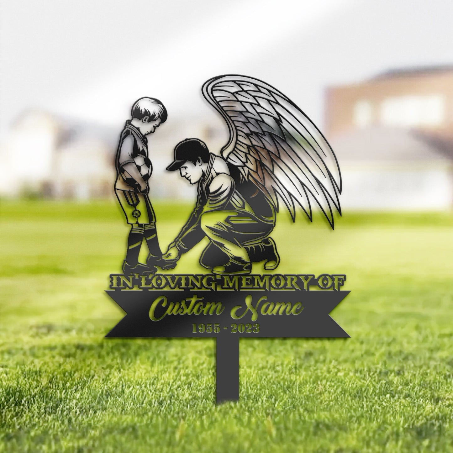 Personalized Soccer angel father and son Memorial Stake, Metal Stake, Sympathy Sign, Grave Marker, Remembrance Stake