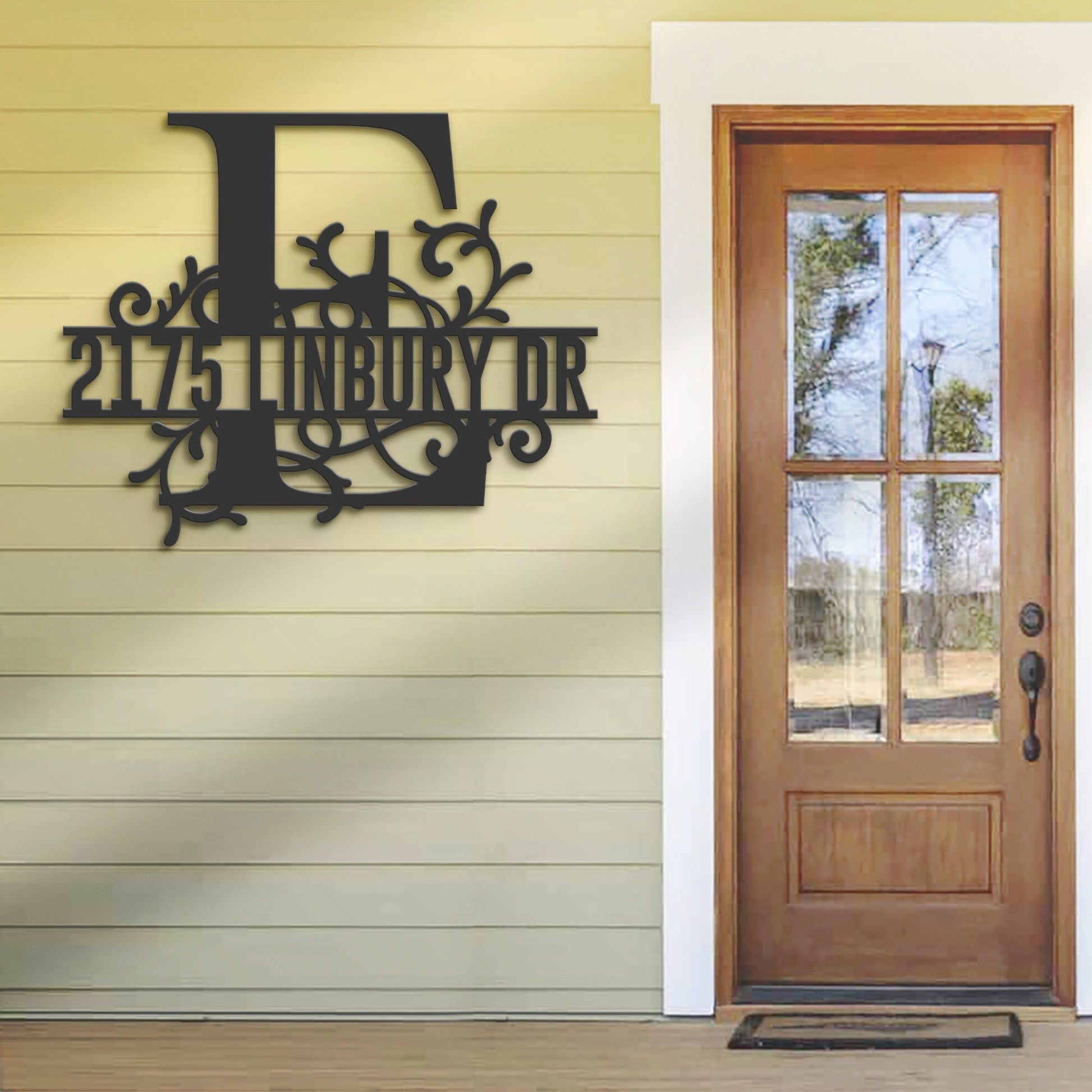 Personalized Floral Monogram Split Letter E Metal Address Sign House number Hanging Address Plaque Yard Sign Outdoor decor Garden Stake