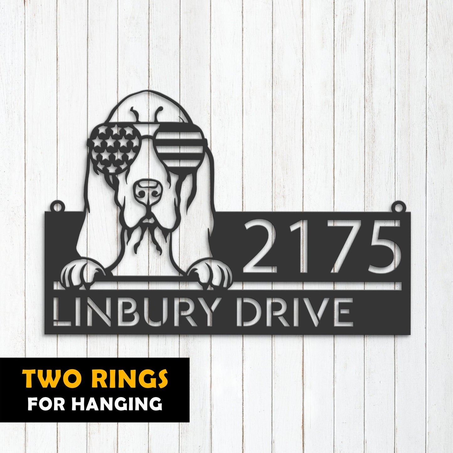 Personalized Basset hound dog US flag glasses Metal Address Sign House number Hanging Address Plaque Yard Sign Outdoor decor Garden Stake