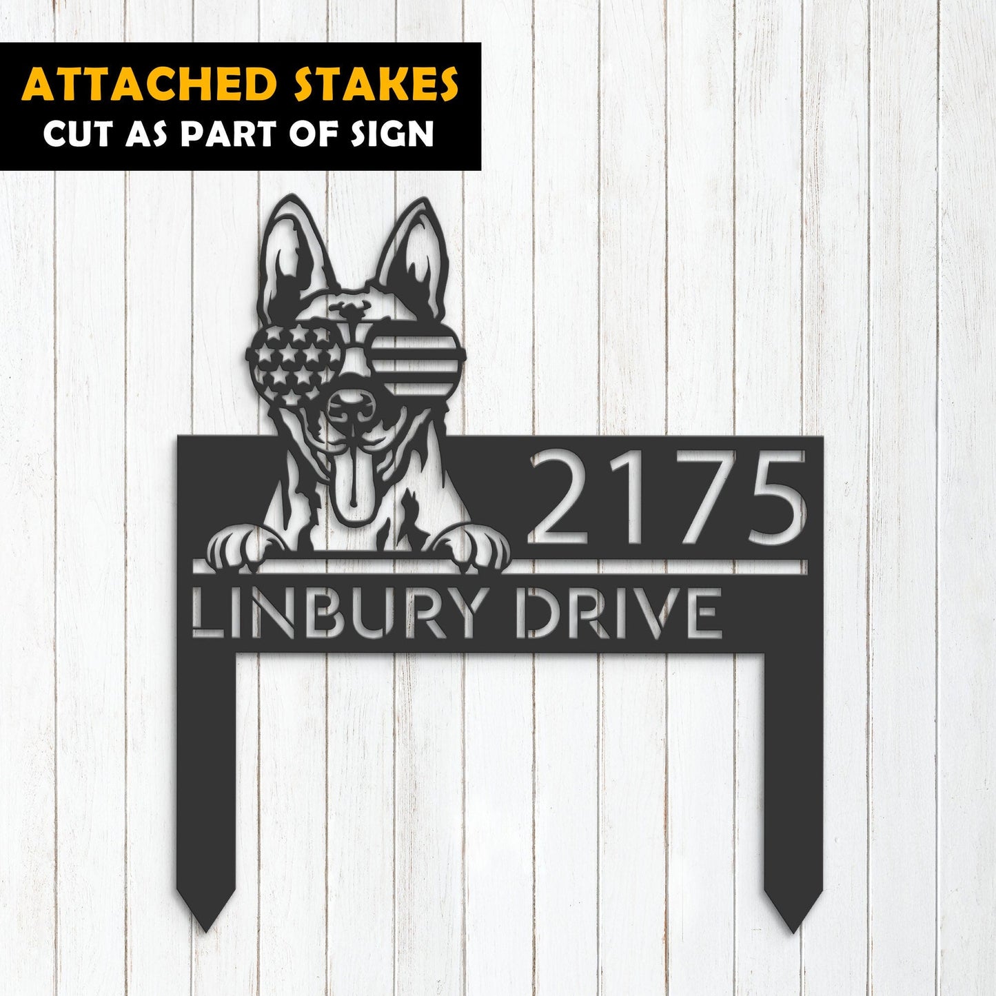 Personalized Belgian Malinois dog US glasses Metal Address Sign House number Hanging Address Plaque Yard Sign Outdoor decor Garden Stake