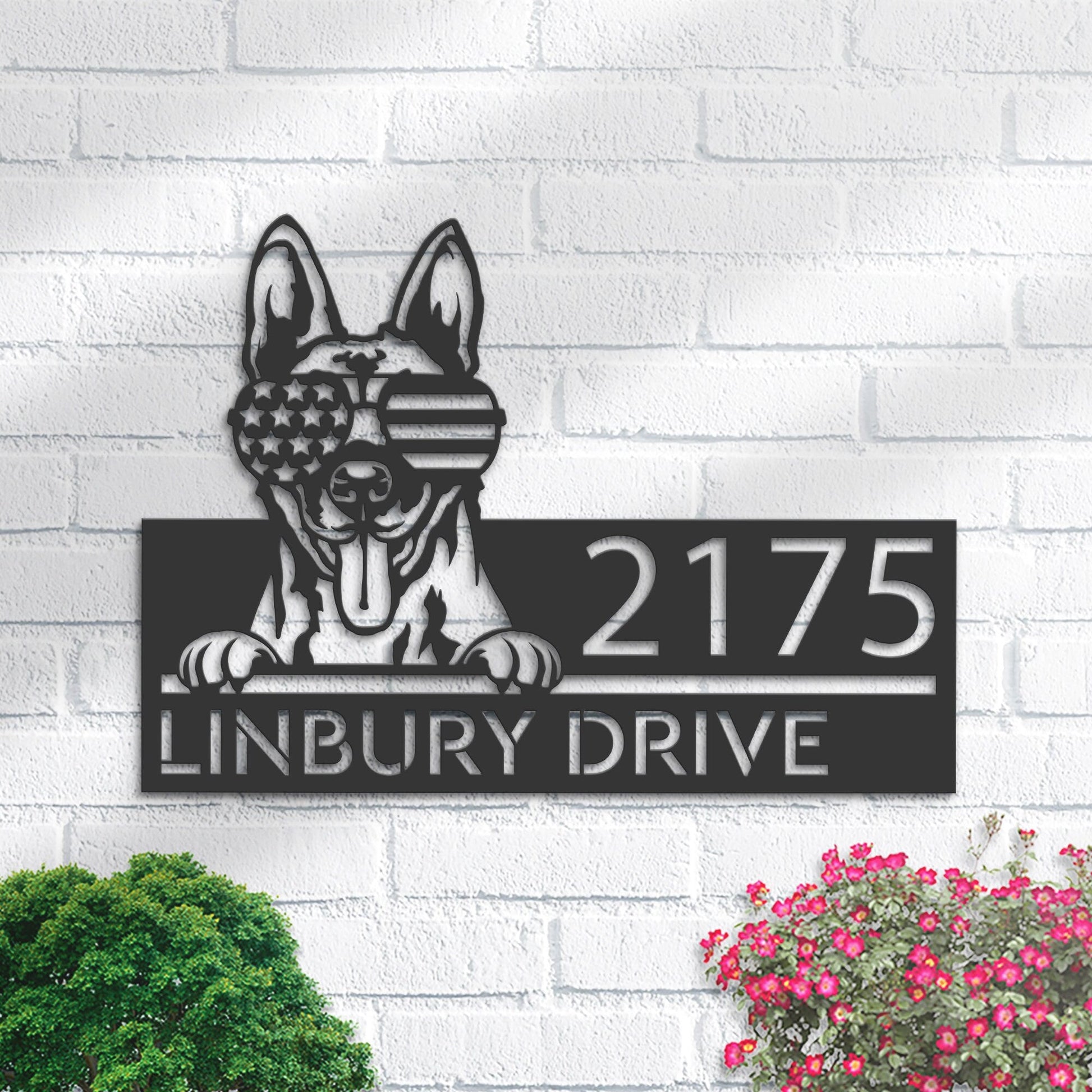 Personalized Belgian Malinois dog US glasses Metal Address Sign House number Hanging Address Plaque Yard Sign Outdoor decor Garden Stake