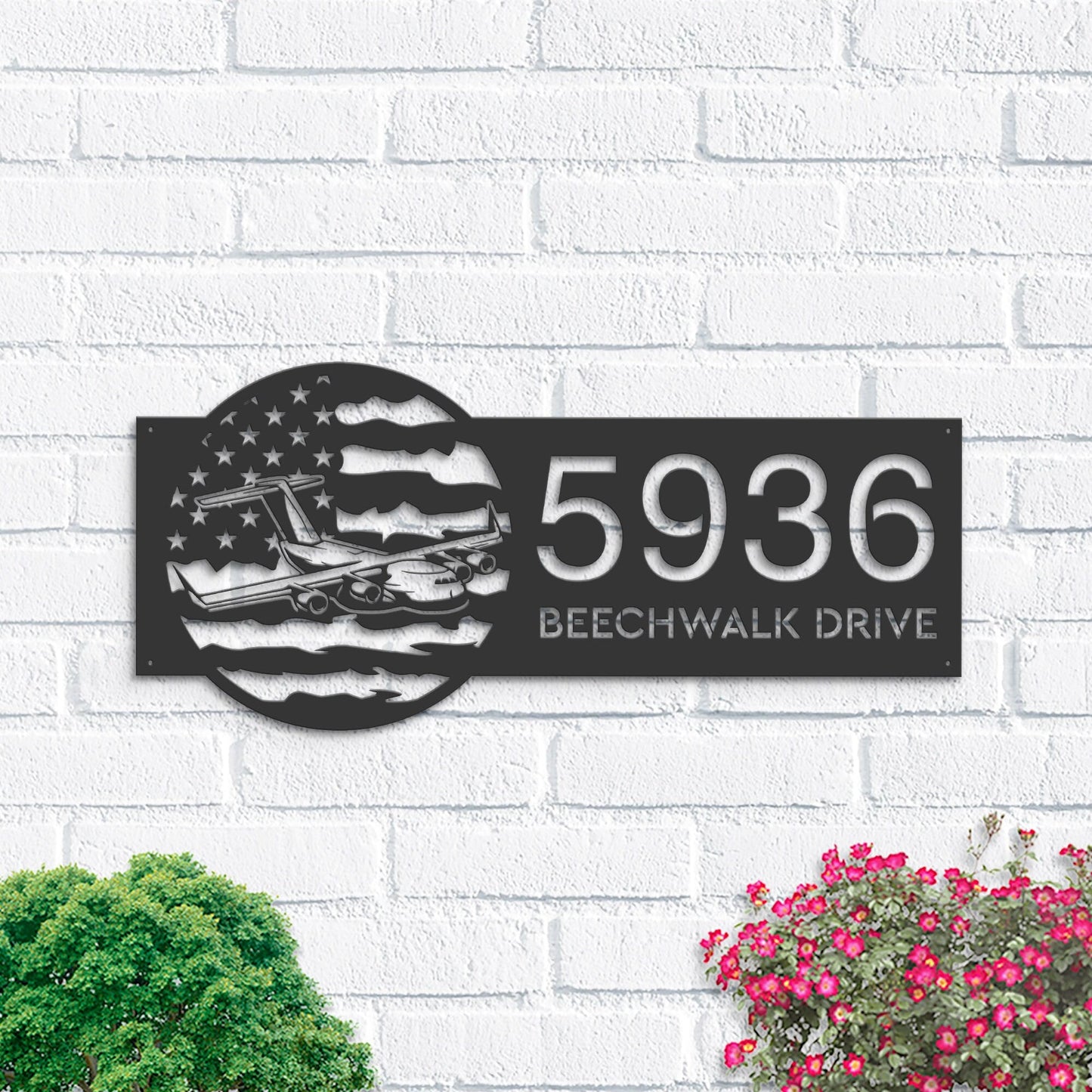 Personalized Cargo Plane transport airplane US flag Metal Address Sign House number Hanging Address Plaque Yard Sign Outdoor Garden Stake