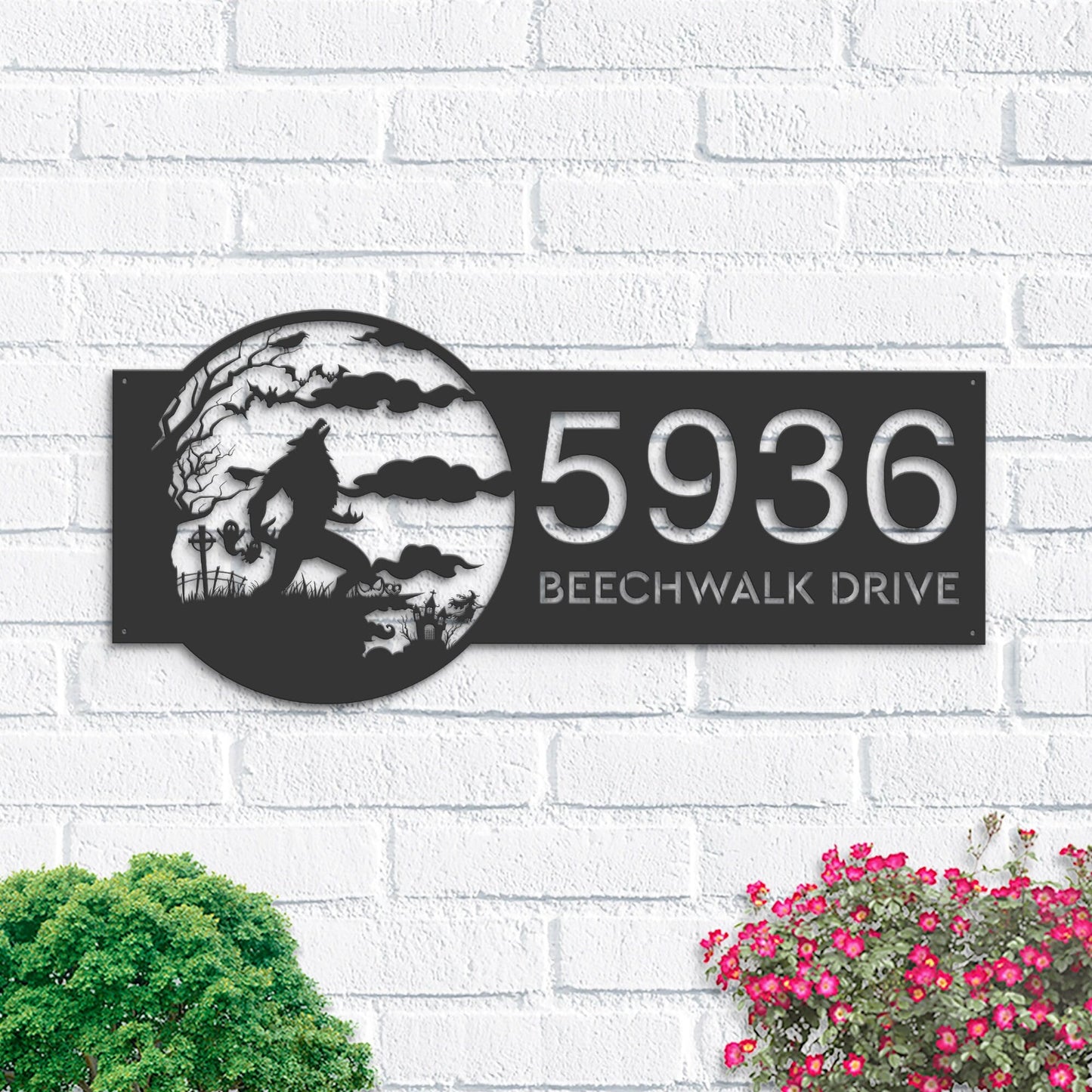 Personalized Werewolf Full Moon Halloween Metal Address Sign House number Hanging Address Plaque Yard Sign Outdoor Sign Garden Stake