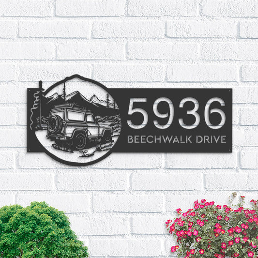 Personalized Offroad car mountain Metal Address Sign House number Hanging Address Plaque Yard Sign Outdoor Sign Garden Stake