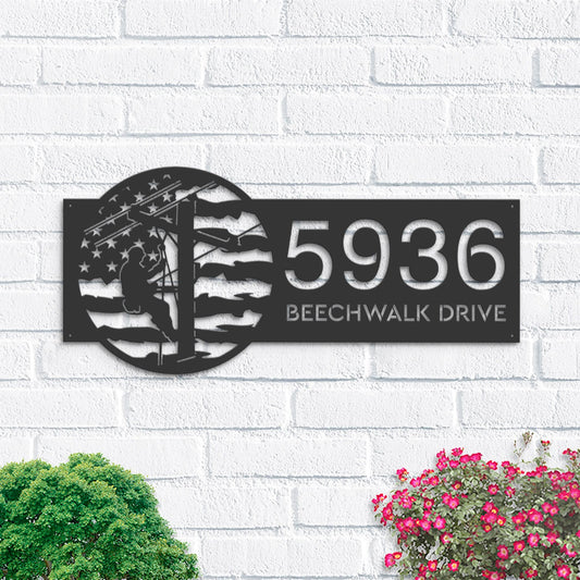 Personalized Electrician lineman US flag Metal Address Sign House number Hanging Address Plaque Yard Sign Outdoor Sign Garden Stake