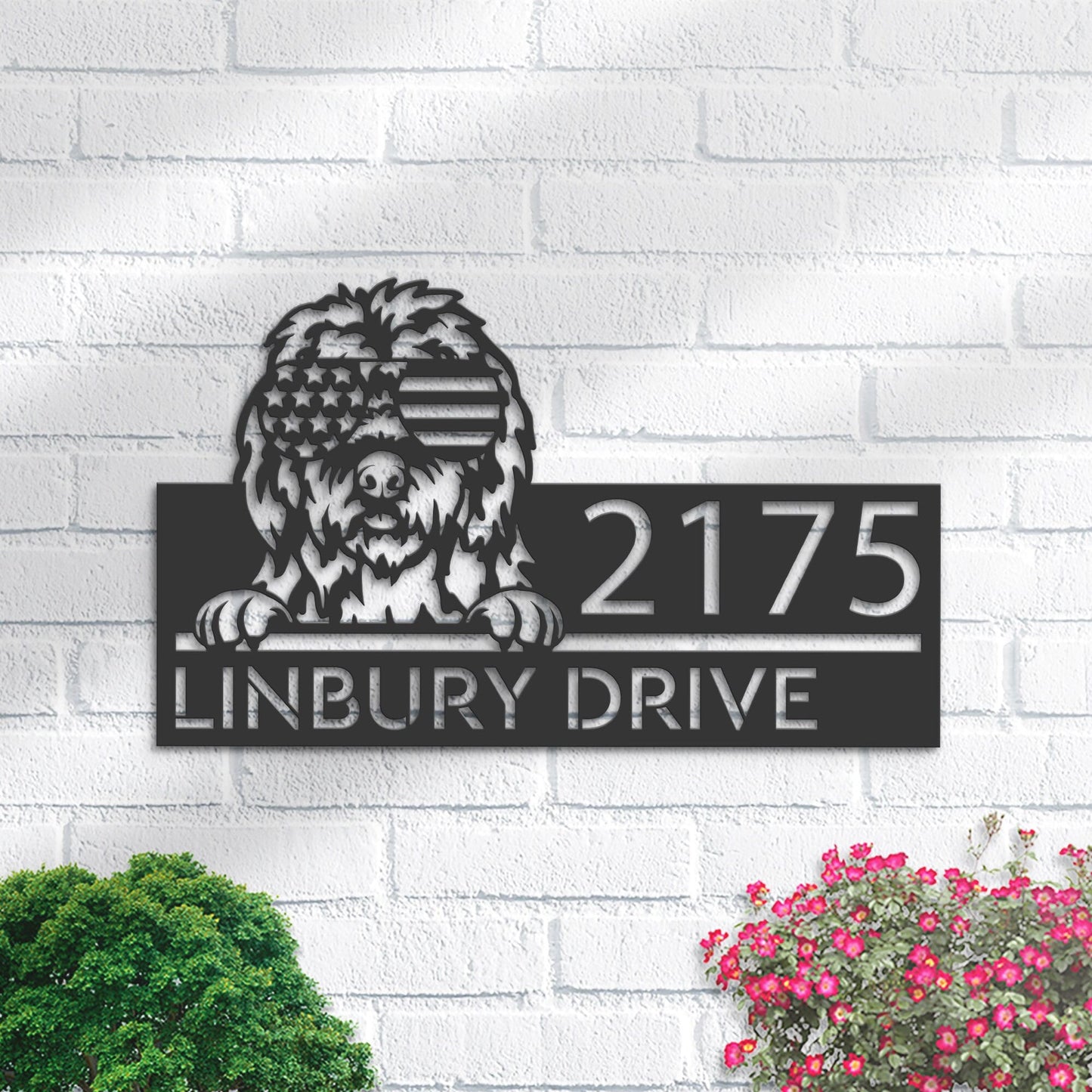 Personalized Old English Sheepdog US flag glasses Metal Address Sign House number Hanging Address Plaque Yard Outdoor decor Garden Stake