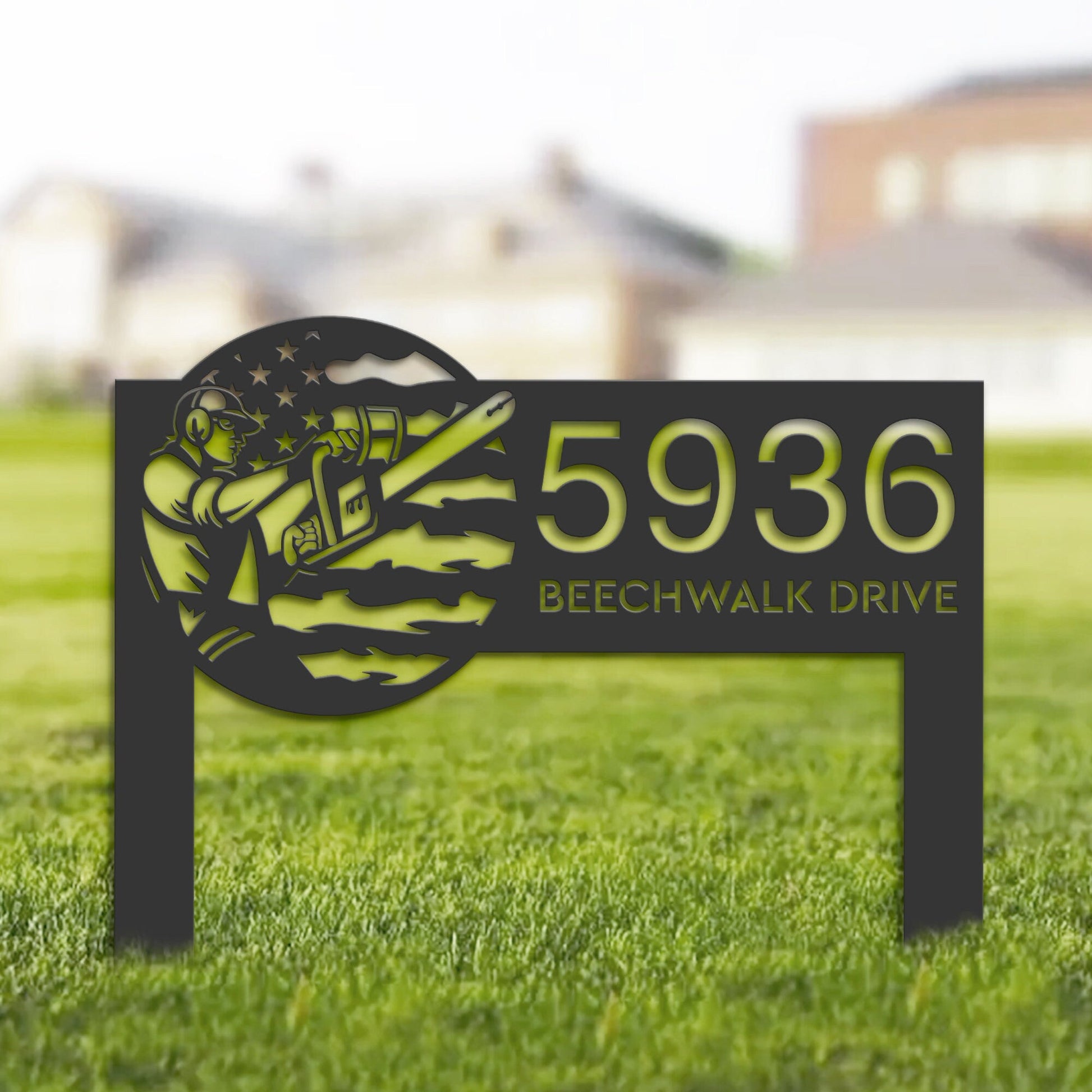 Personalized Arborist tree surgeon US flag Metal Address Sign House number Hanging Address Plaque | Yard Sign, Outdoor Sign | Garden Stake