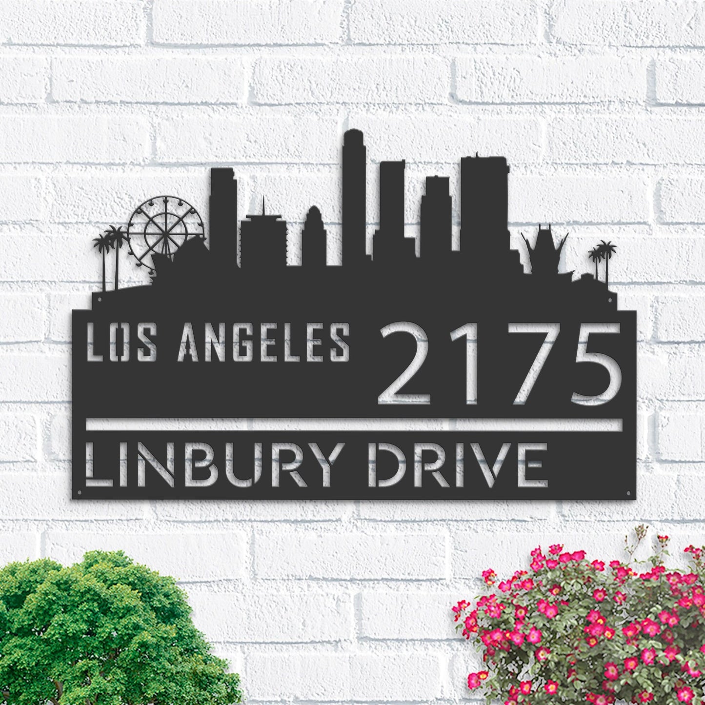 Personalized Los Angeles city skyline Metal Address Sign Hanging Address Plaque house number Yard Outdoor Sign Garden Stake