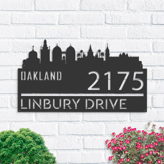 Personalized Oakland city skyline Metal Address Sign Hanging Address Plaque house number Yard Outdoor Sign Garden Stake