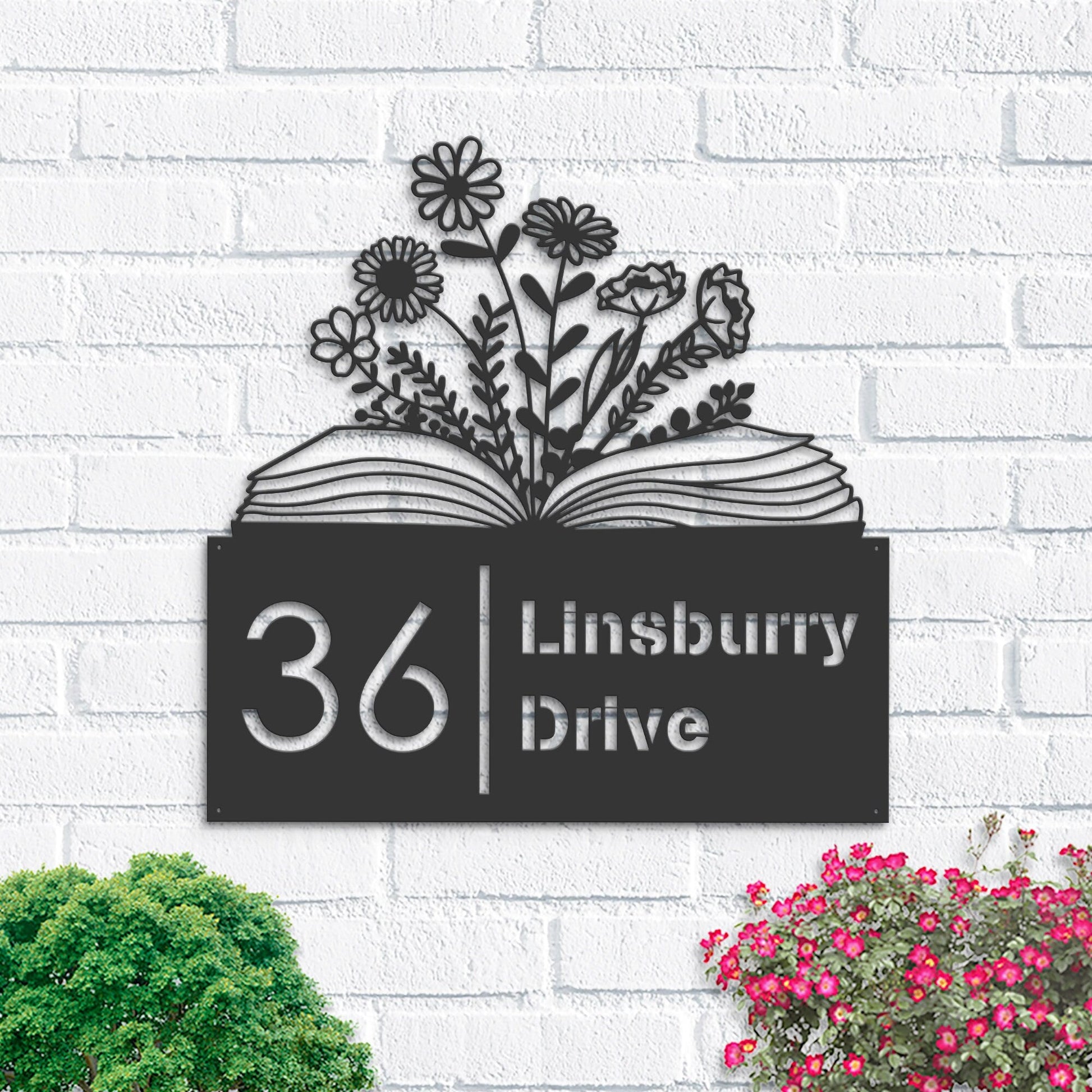 Personalized Floral book, book lover reading Metal Address Sign House number Hanging Address Plaque Yard Sign, Outdoor Sign Garden Stake