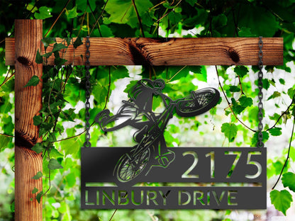 Personalized BMX Bicycle freestyle Metal Address Sign | Hanging Address Plaque | Yard Sign, Outdoor Sign | Garden Stake