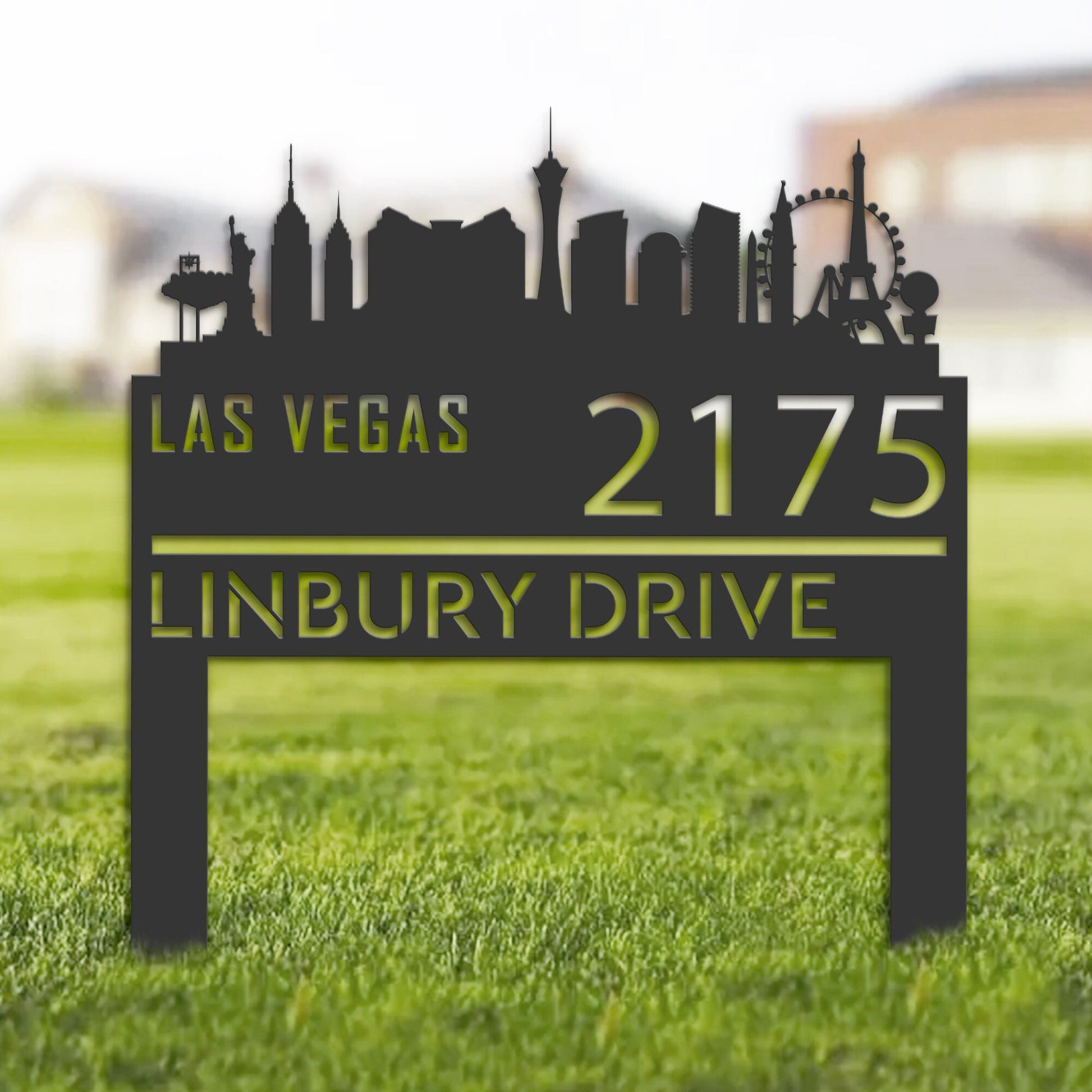 Personalized Las Vegas city skyline Metal Address Sign Hanging Address Plaque house number Yard Outdoor Sign Garden Stake