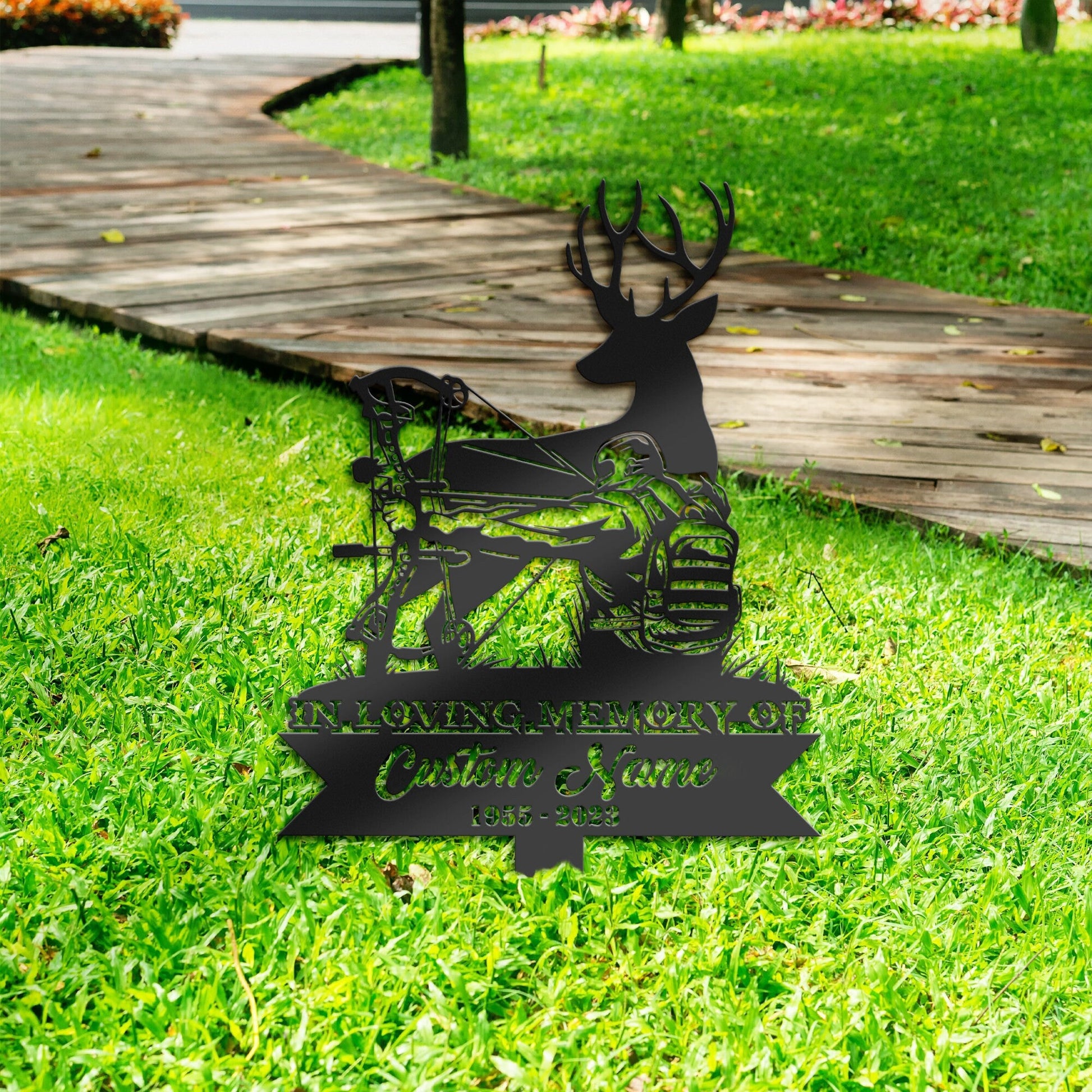 Personalized Deer Bow Hunting Memorial Stake, Metal Stake, Sympathy Sign, Grave Marker, Remembrance Stake