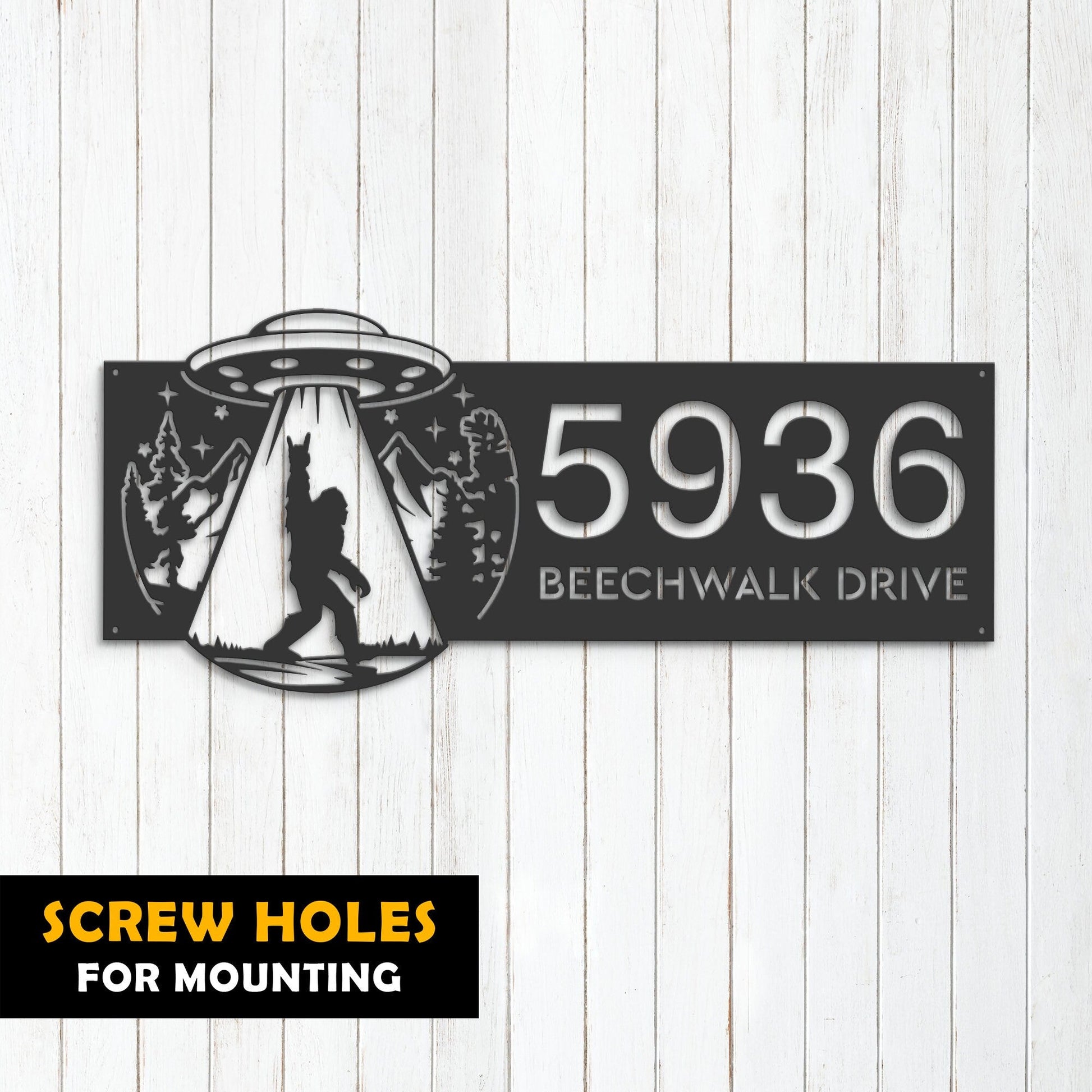 Personalized Bigfoot Sasquatch UFO Metal Address Sign House number Hanging Address Plaque Yard Sign Outdoor Sign Garden Stake