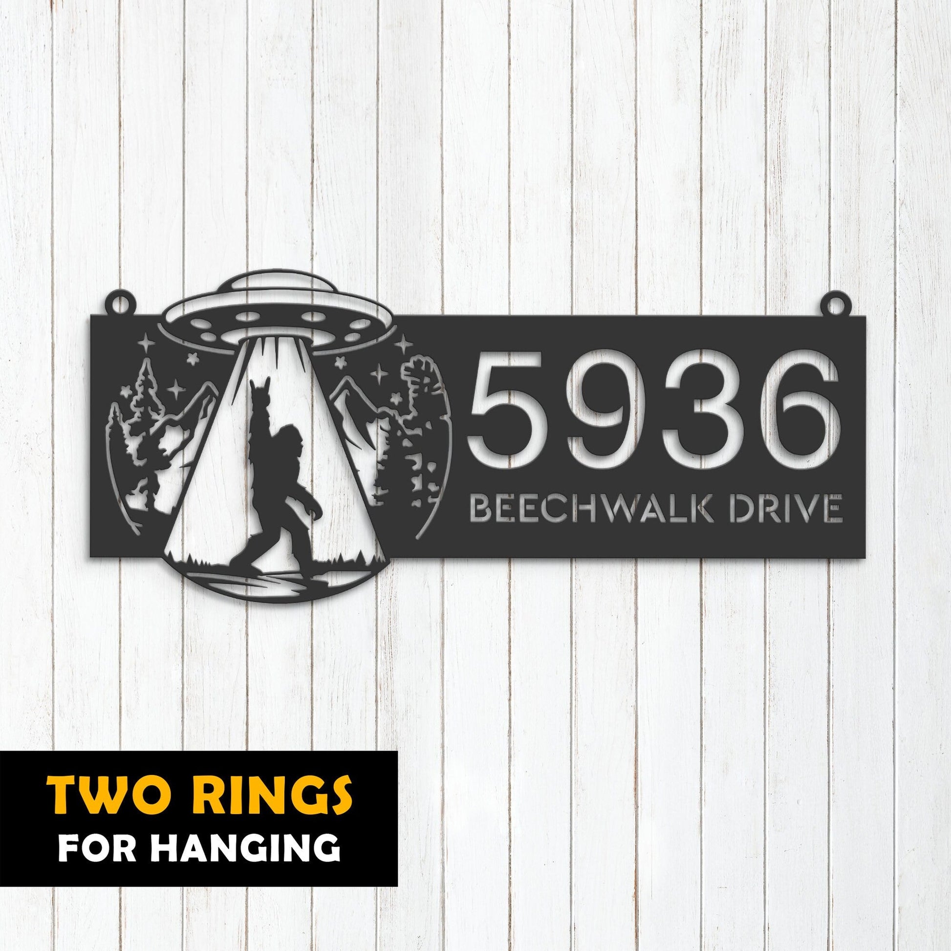 Personalized Bigfoot Sasquatch UFO Metal Address Sign House number Hanging Address Plaque Yard Sign Outdoor Sign Garden Stake