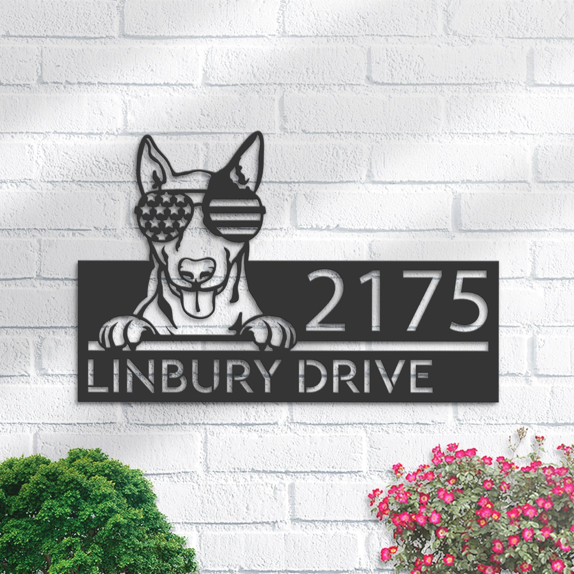 Personalized English Bullterrier dog US glasses Metal Address Sign House number Hanging Address Plaque Yard Sign Outdoor decor Garden Stake