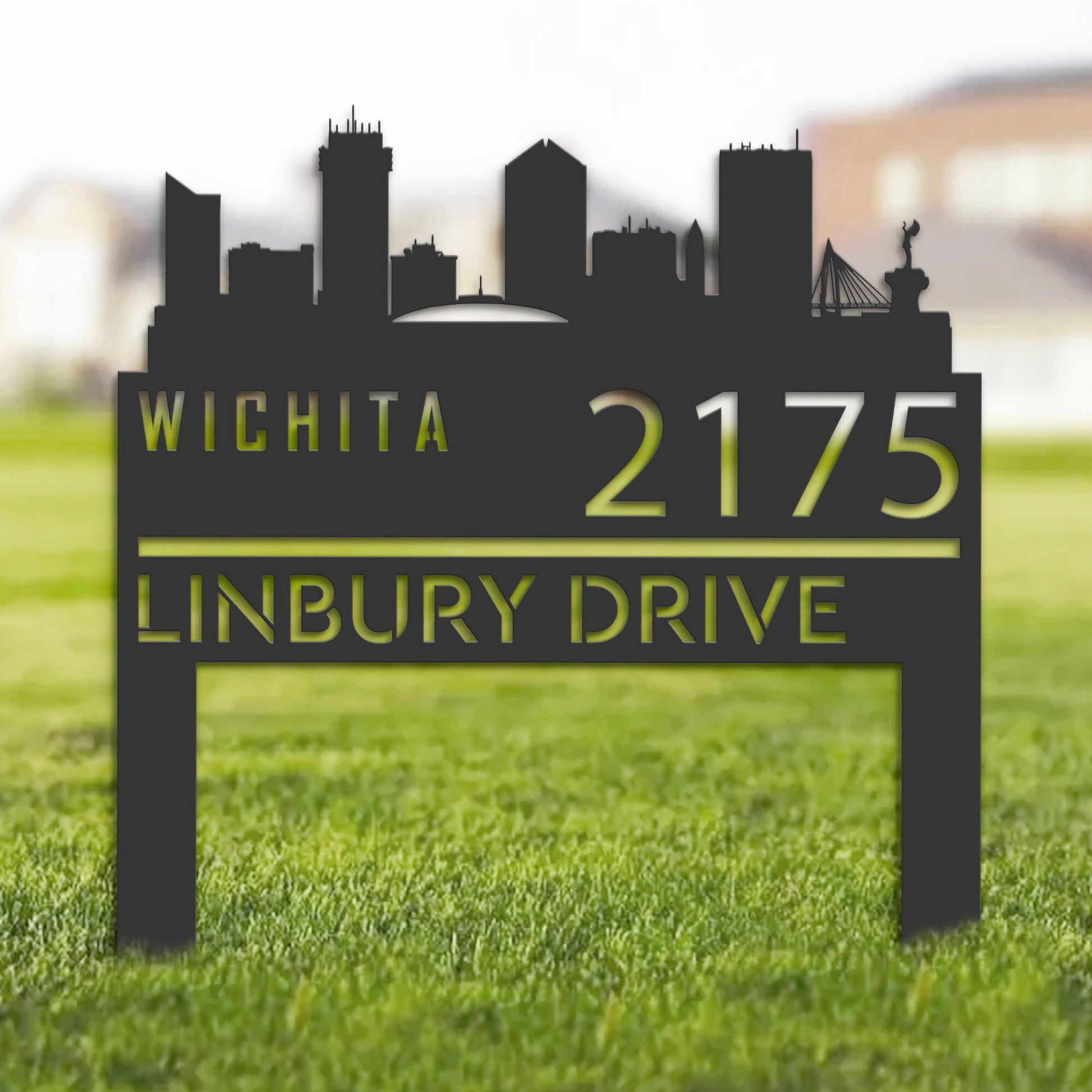 Personalized Wichita city skyline Metal Address Sign Hanging Address Plaque house number Yard Outdoor Sign Garden Stake