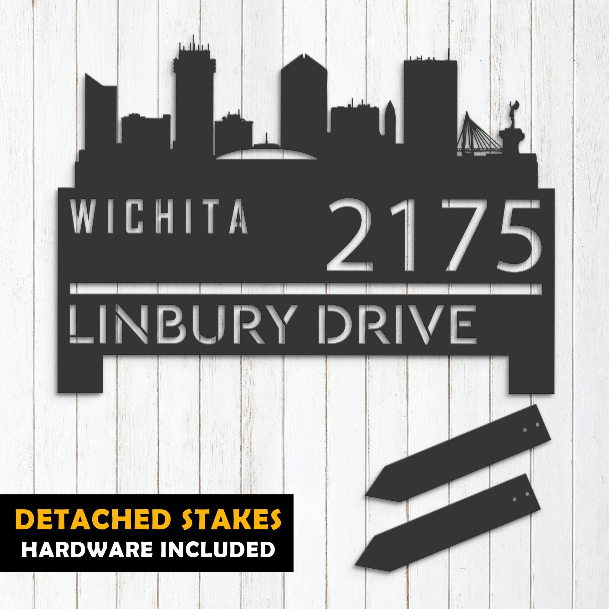 Personalized Wichita city skyline Metal Address Sign Hanging Address Plaque house number Yard Outdoor Sign Garden Stake