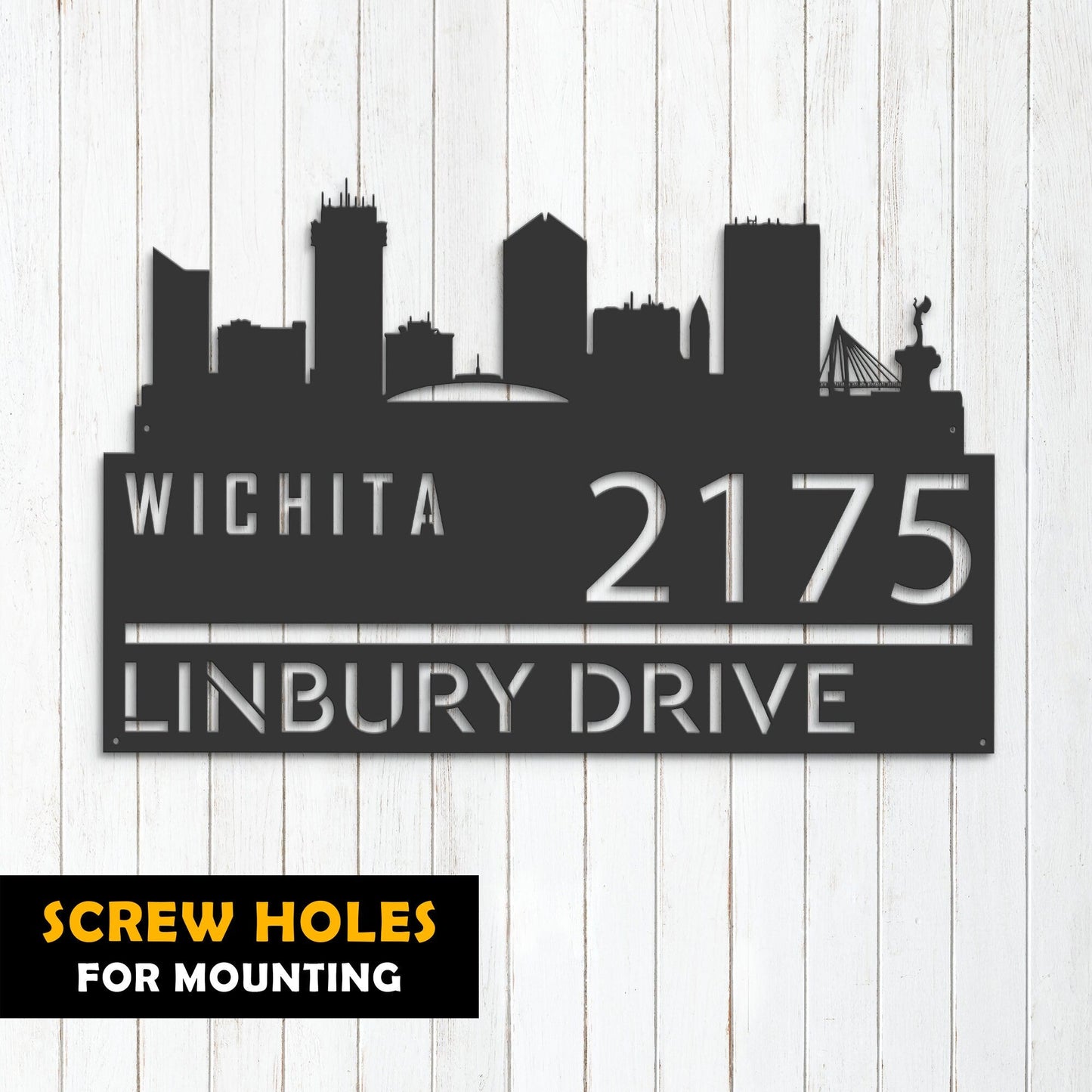 Personalized Wichita city skyline Metal Address Sign Hanging Address Plaque house number Yard Outdoor Sign Garden Stake