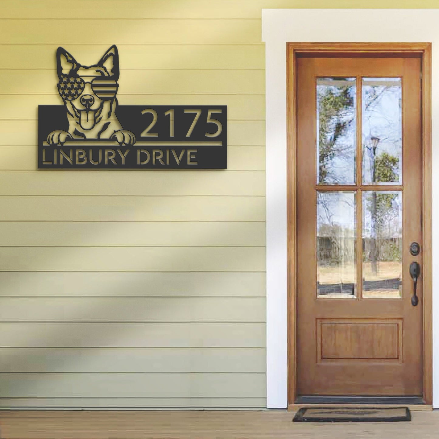 Personalized Australian Cattle dog US glasses Metal Address Sign House number Hanging Address Plaque Yard Sign Outdoor decor Garden Stake