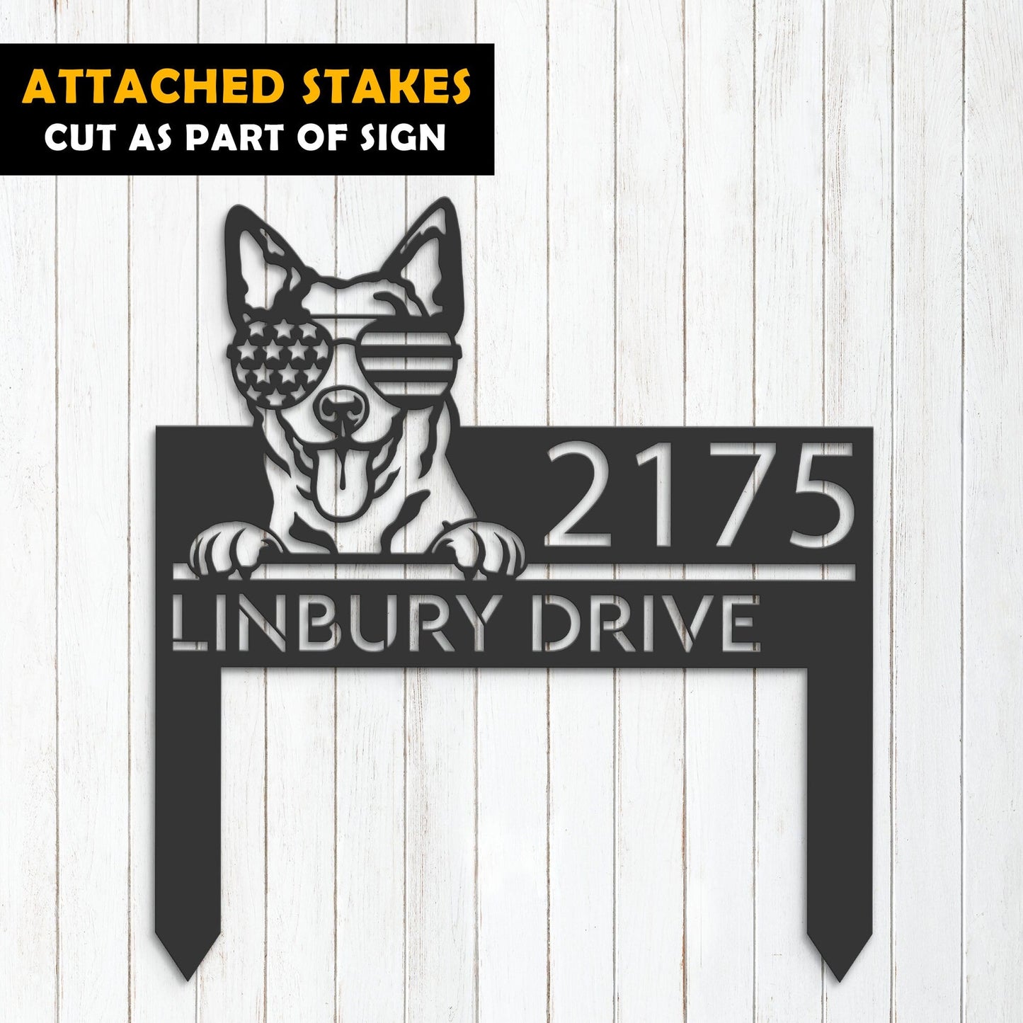 Personalized Australian Cattle dog US glasses Metal Address Sign House number Hanging Address Plaque Yard Sign Outdoor decor Garden Stake