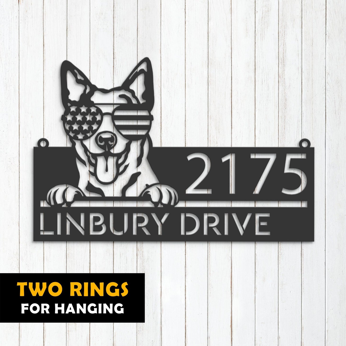 Personalized Australian Cattle dog US glasses Metal Address Sign House number Hanging Address Plaque Yard Sign Outdoor decor Garden Stake