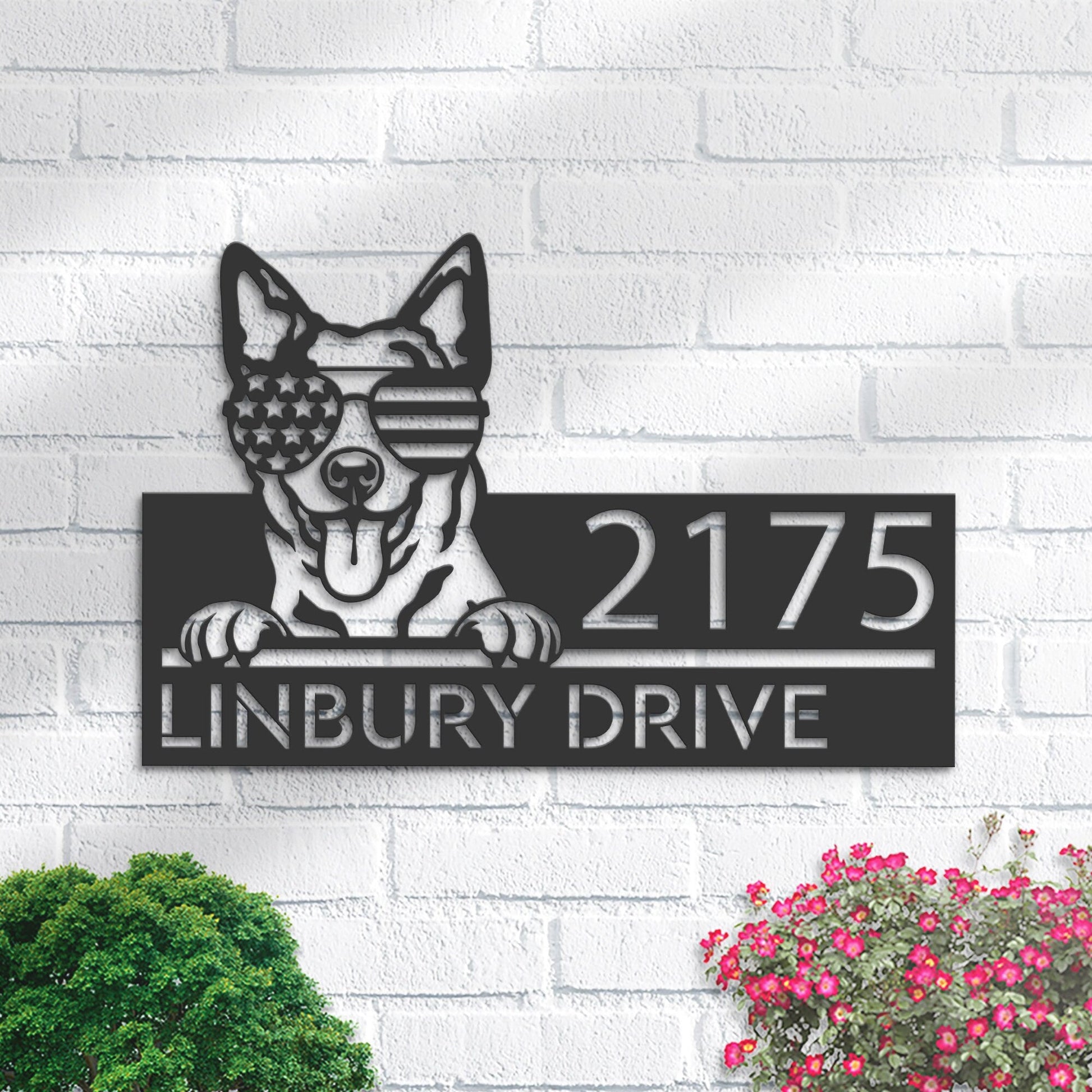 Personalized Australian Cattle dog US glasses Metal Address Sign House number Hanging Address Plaque Yard Sign Outdoor decor Garden Stake