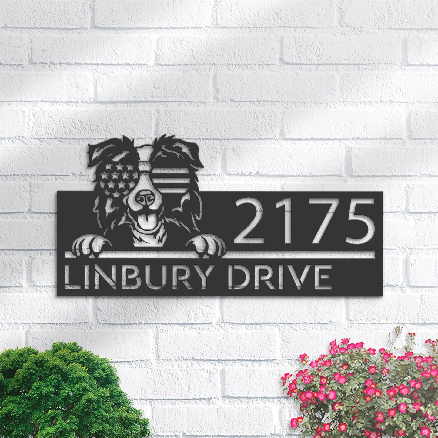 Personalized Border Collie dog US flag glasses Metal Address Sign House number Hanging Address Plaque Yard Sign Outdoor decor Garden Stake