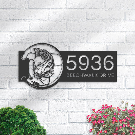 Personalized Catfish fishing rod bait Metal Address Sign House number Hanging Address Plaque Yard Sign Outdoor Sign Garden Stake