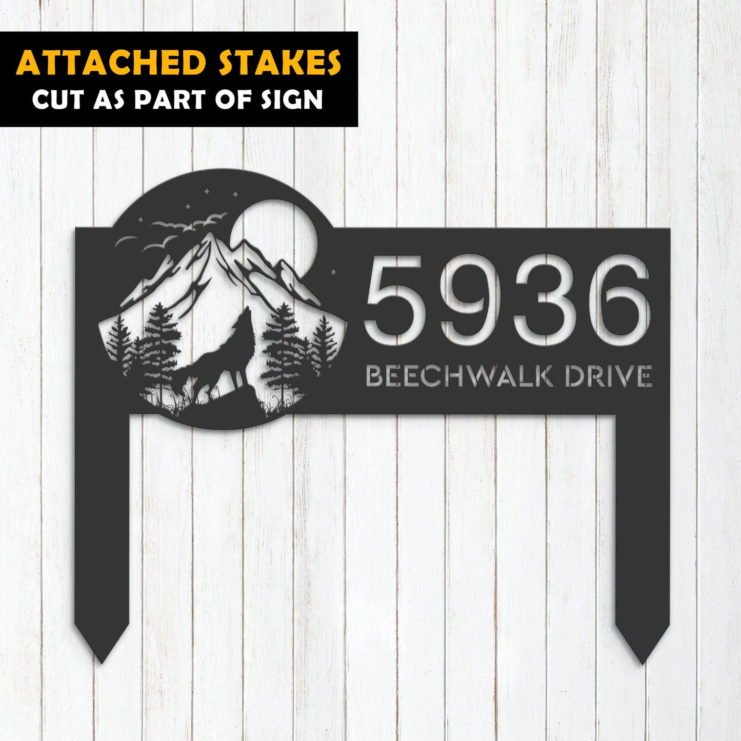 Personalized Wolf howling on full moon Metal Address Sign House Number, Hanging Address Plaque | Yard Sign, Outdoor Sign| Garden Stake