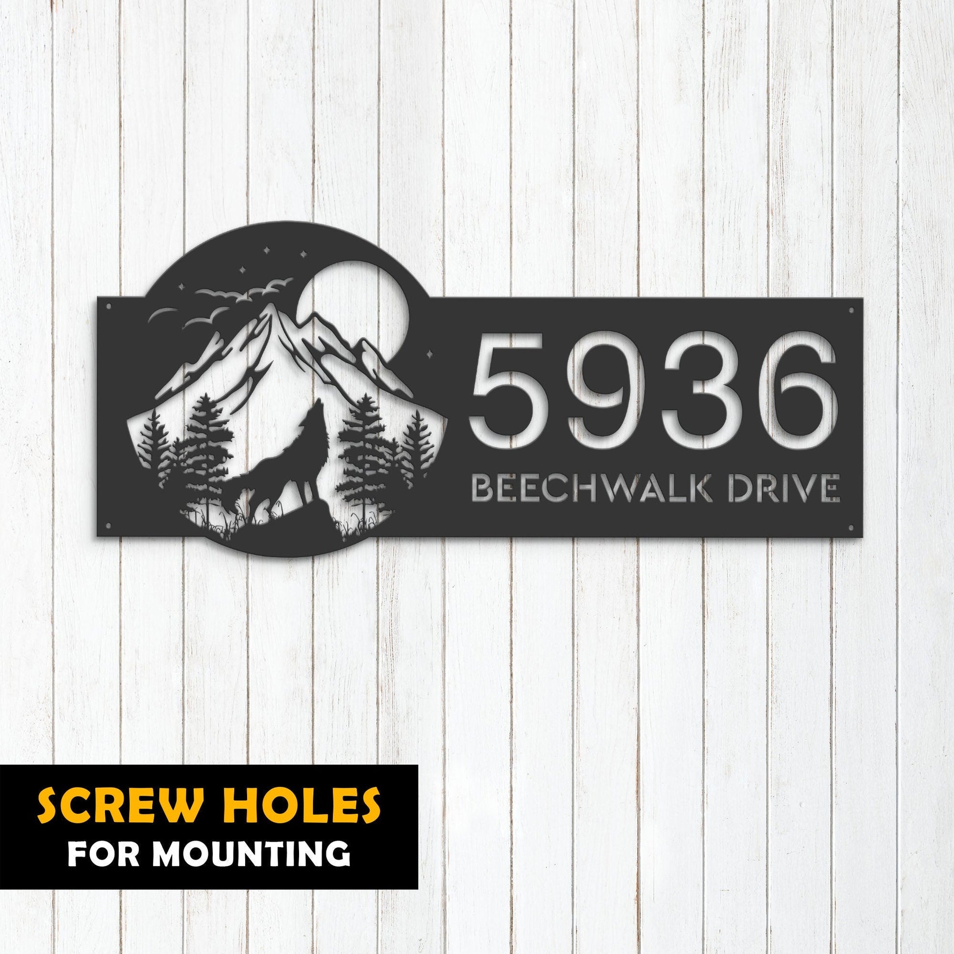 Personalized Wolf howling on full moon Metal Address Sign House Number, Hanging Address Plaque | Yard Sign, Outdoor Sign| Garden Stake