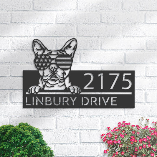 Personalized Boston terrier dog US flag glasses Metal Address Sign House number Hanging Address Plaque Yard Sign Outdoor decor Garden Stake