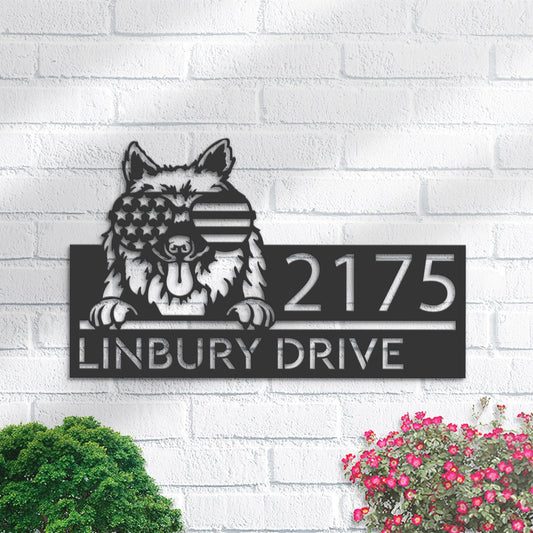 Personalized Keeshond dog US flag glasses Metal Address Sign House number Hanging Address Plaque Yard Sign Outdoor decor Garden Stake