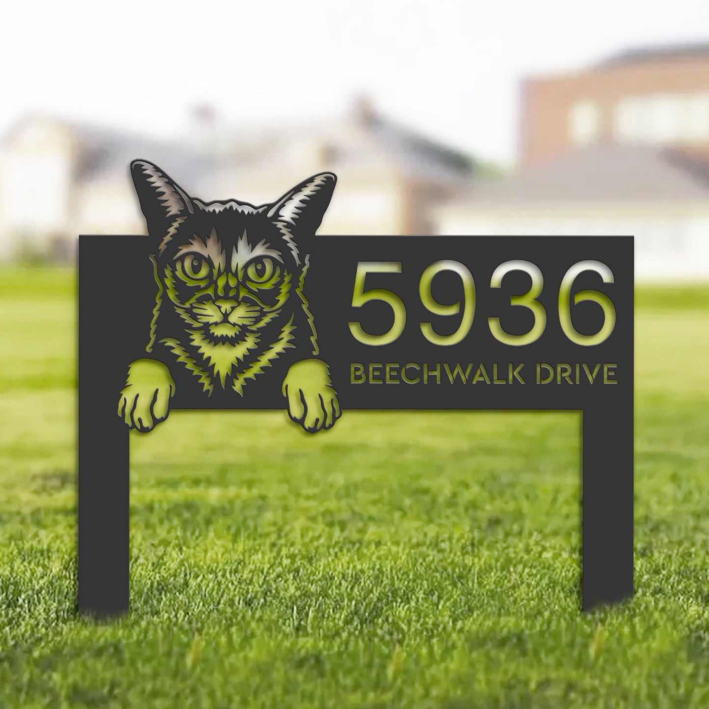 Personalized Abyssinian Cute peeking cat kitten Metal Address Sign House number Hanging Address Plaque Yard Sign Outdoor Sign Garden Stake