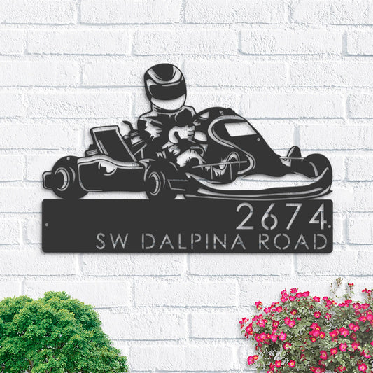 Personalized Go kart driver racing Metal Address Sign | Hanging Address Plaque | Yard Sign, Outdoor Sign | Garden Stake