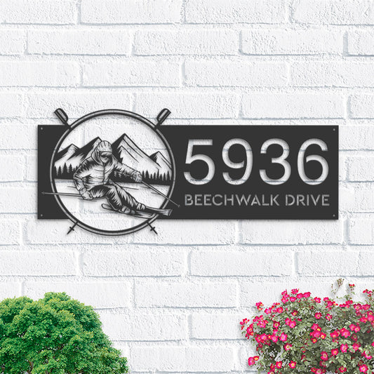 Personalized Skiing Ski winter sport Metal Address Sign House Number, Hanging Address Plaque | Yard Sign, Outdoor Sign| Garden Stake