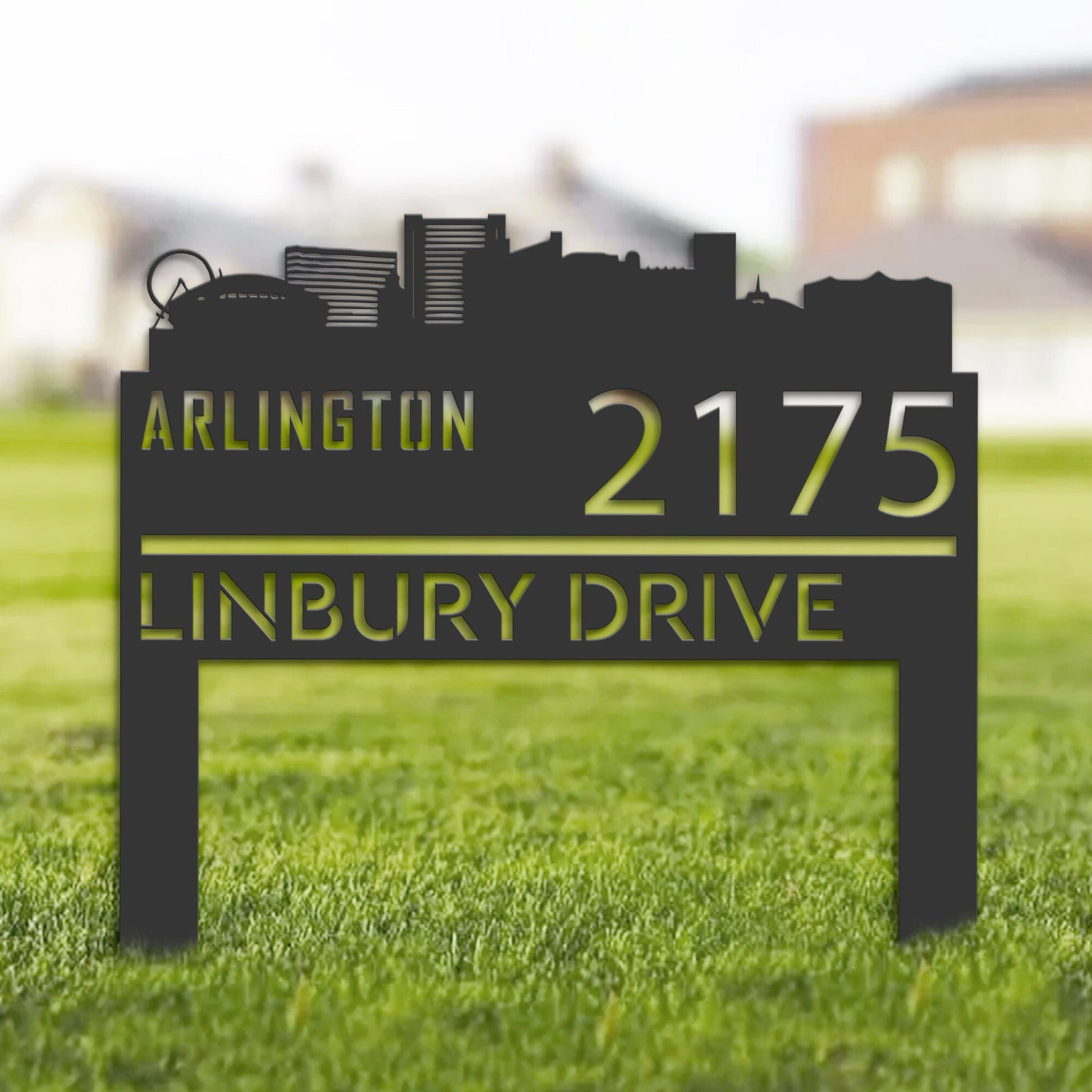 Personalized Arlington city skyline Metal Address Sign Hanging Address Plaque house number Yard Outdoor Sign Garden Stake