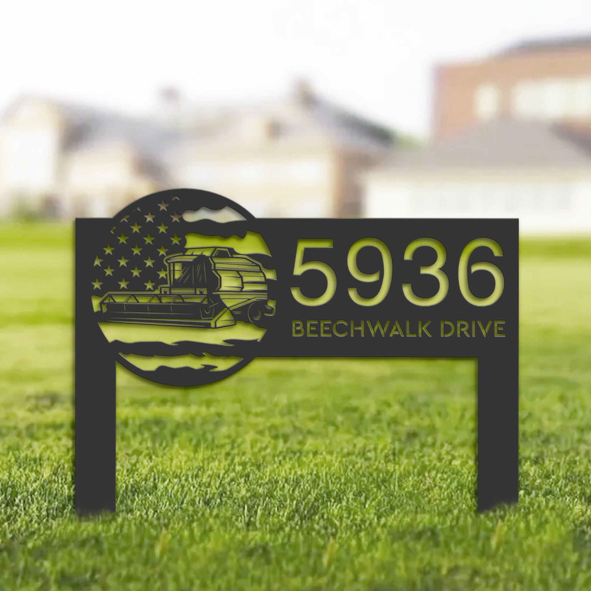 Personalized Farm combine harvester US flag Metal Address Sign Custom House number Hanging Address Plaque Yard Sign Outdoor Garden Stake